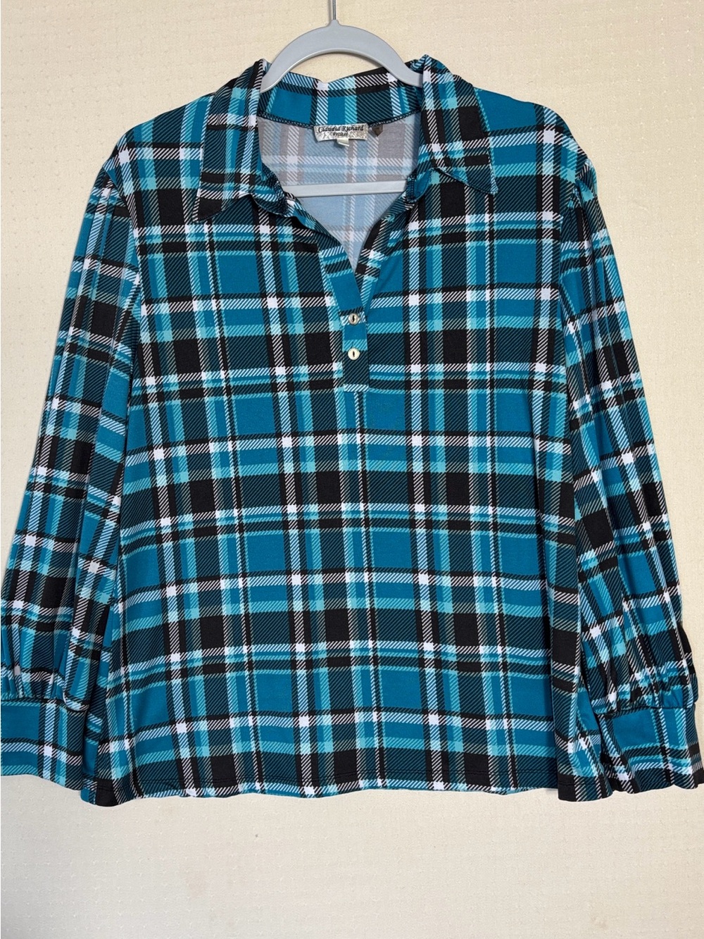 Claudia Richard Teal and Black Plaid Button-Neck Shirt Size XLP